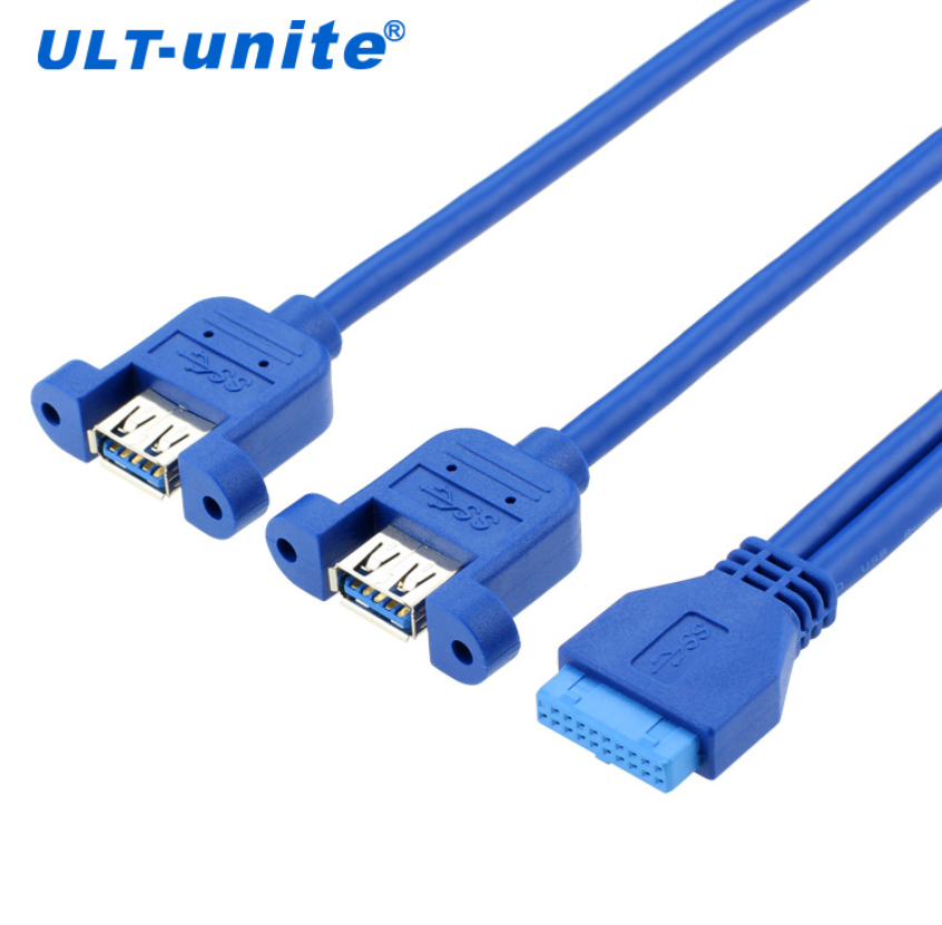 【161】USB3.0 20PIN M/ 2*USB3.0AF 带螺母 蓝色