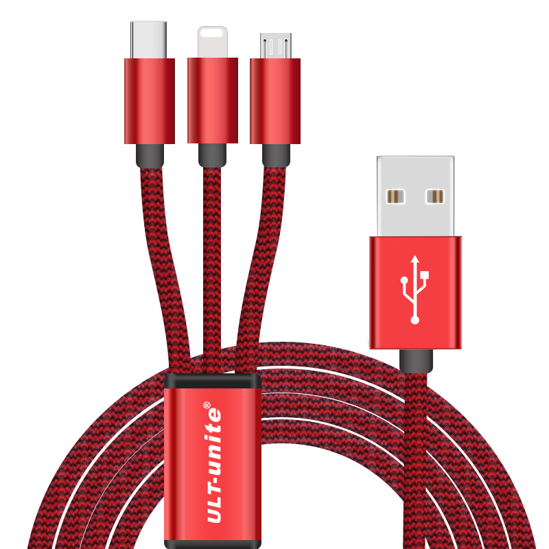 【22】一拖三手机充电线 USB 2.0 AM TO USB2.0  Miceo5P+USB C+8pin OD:3.6mm 22AWG主线+24AWG副线 编网线+五金壳